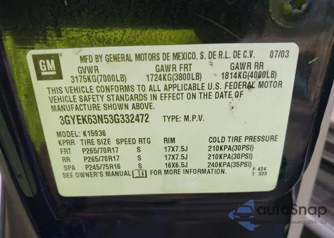 2003 Cadillac Escalade Ext Standard z USA, uszkodzony, nr VIN 3GYEK63N53G332472